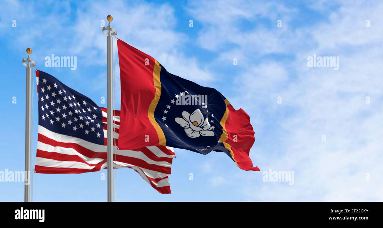 Drapeau de l'État du Mississippi agitant avec le drapeau américain par temps clair. rendu d'illustration 3d. Tissu ondulé. Banque D'Images