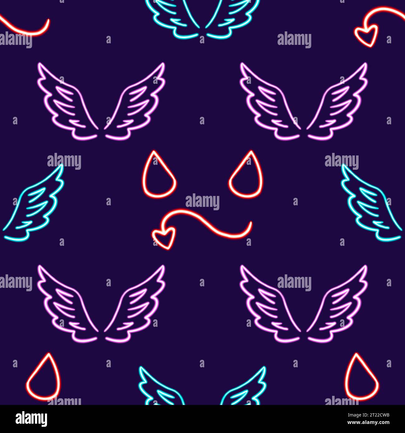 Neon Angel et Demon Wings sans couture. icône brillante de bureau, autocollant néon, figure néon, figure brillante, figures géométriques néon Banque D'Images