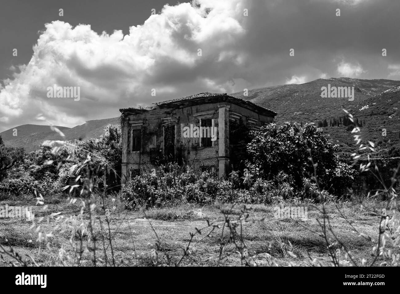 Bâtiment abandonné avec un jardin envahi et un ciel nuageux sombre Banque D'Images