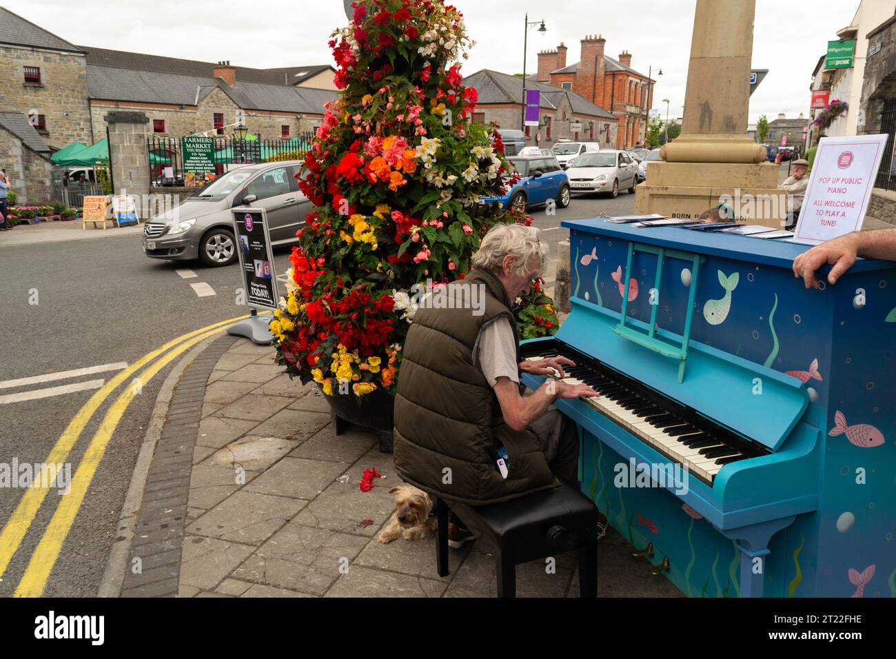 Carrick-on-Shannon, Leitrim Irlande juillet 12 2018 - Un homme jouant d'un piano bleu dans la rue de Carrick on Shannon Banque D'Images