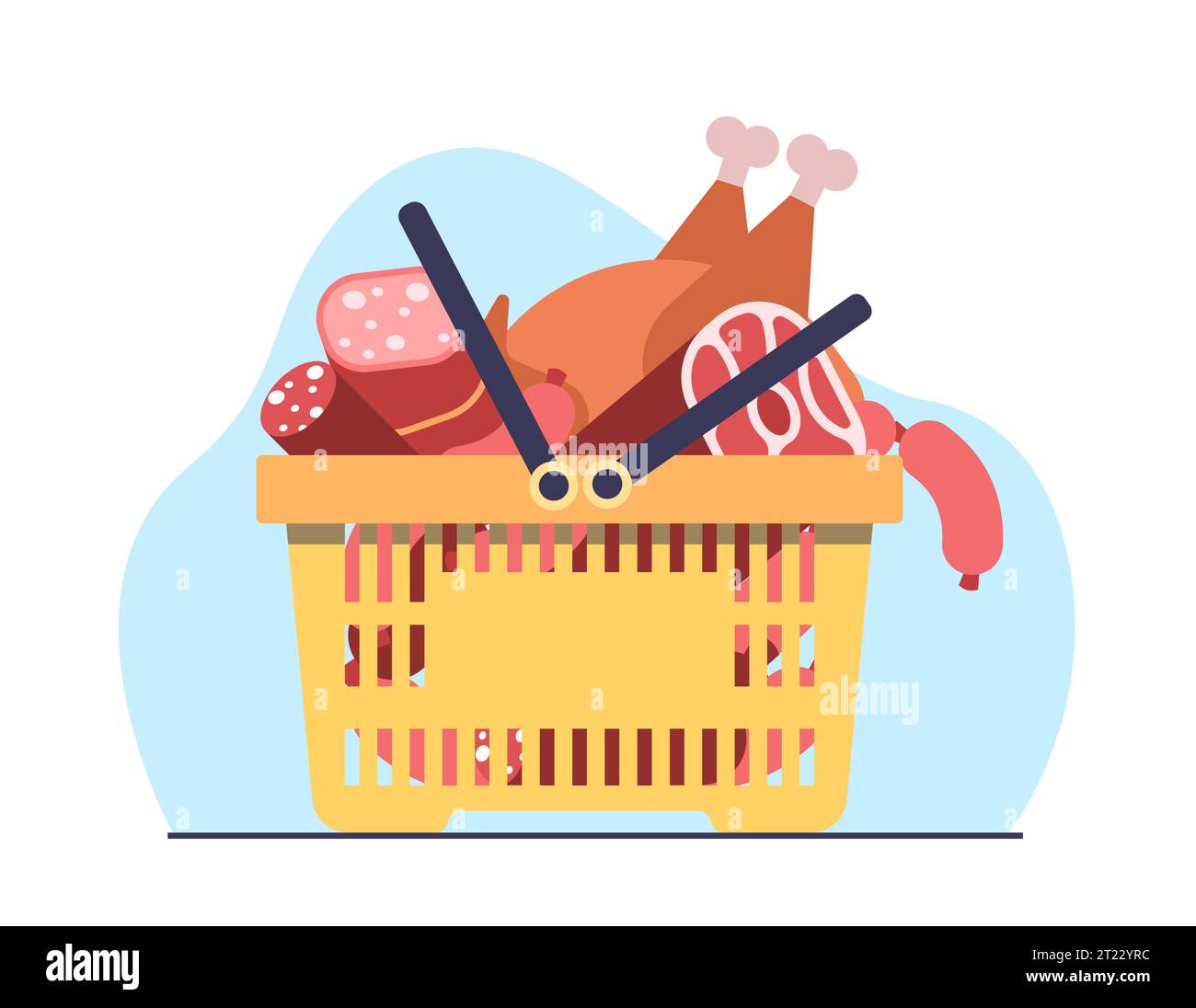 Panier rempli de différents types de produits à base de viande côtelés, saucisses, bacon, jambon et poulet. Assortiment boucherie. Produits de supermarché. Dessin animé Illustration de Vecteur