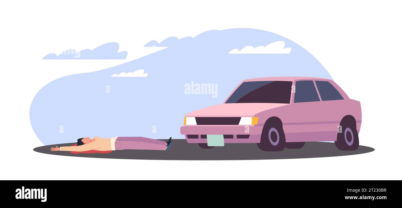 Le gars blessé dans un accident de la route reste inconscient dans une mare de sang sur la rue. La voiture a heurté l'homme. Accident de voiture. collision de transport avec caractère. Dessin animé Illustration de Vecteur