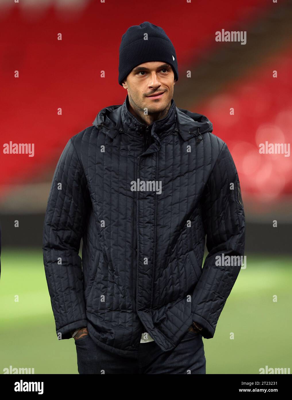 L'Italien Gianluca Scamacca lors d'une randonnée au stade de Wembley, à Londres. Date de la photo : lundi 16 octobre 2023. Banque D'Images