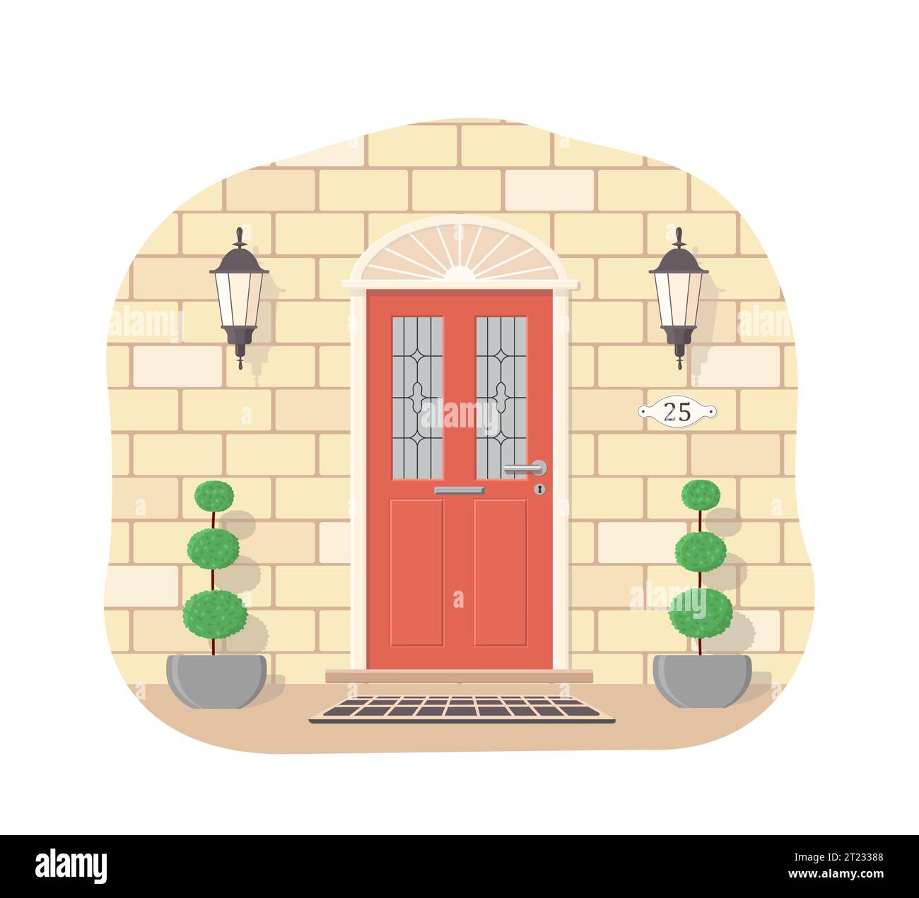 Concept extérieur pour les entrées de maison. Porte d'entrée rouge réaliste avec verre. Style plat de dessin animé. Illustration vectorielle Illustration de Vecteur