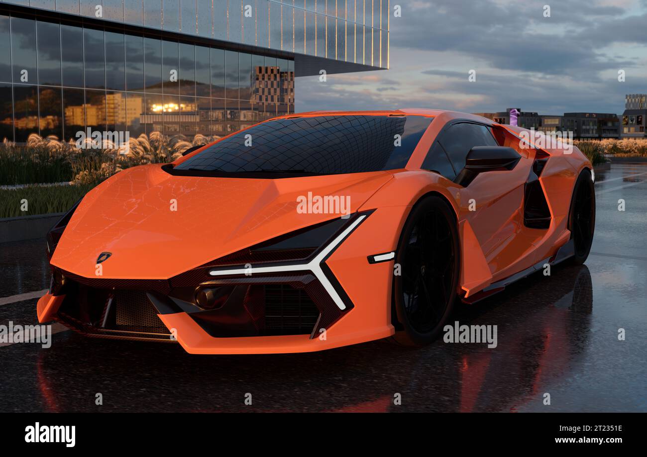 Lamborghini Revuelto contre un immeuble de bureaux moderne dans une belle lumière du soir Banque D'Images
