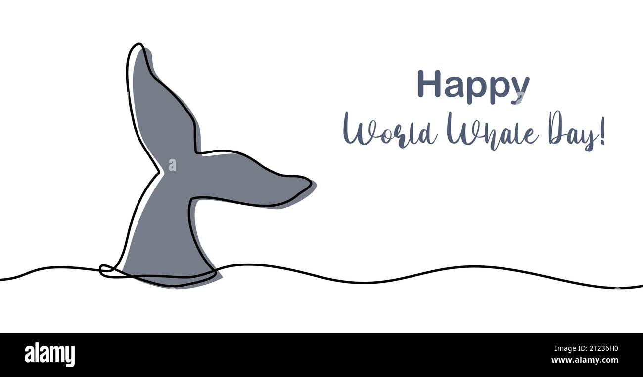 Bannière ou carte Happy World Whale Day, art de la ligne de queue de baleine, concept d'écologie arrêter la pollution de l'océan et dire non au plastique, illustration vectorielle Illustration de Vecteur