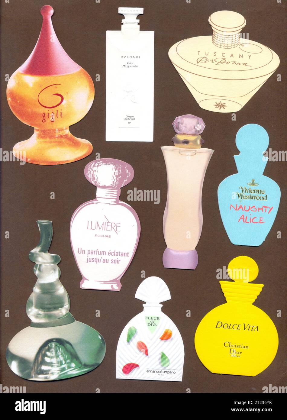 Testeurs de parfum publicitaires découpés au milieu des années 1990 Banque D'Images