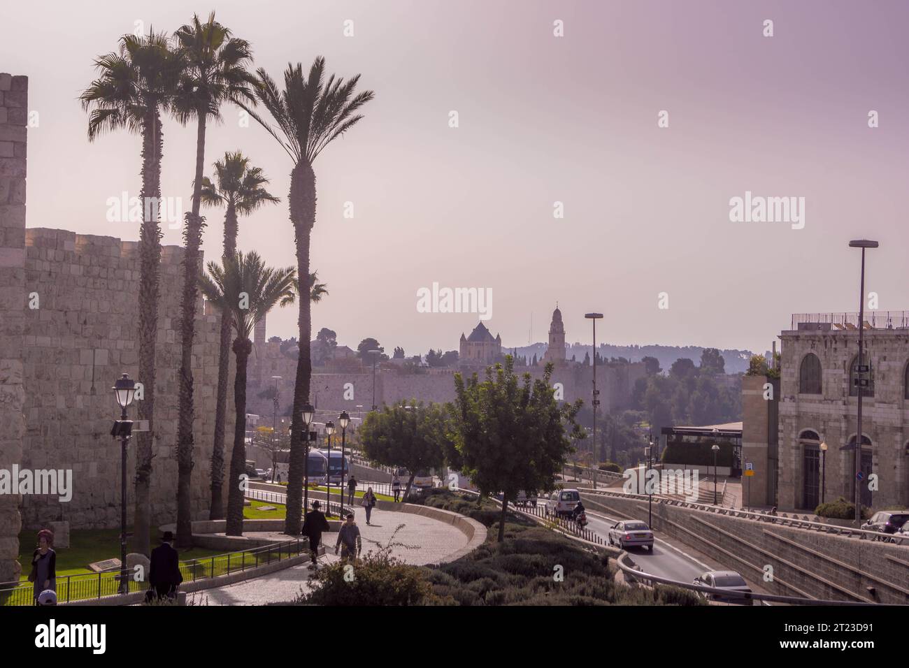 Les palmiers, la route et les murs de la vieille ville de Jérusalem pendant la journée lumineuse en Israël. Banque D'Images