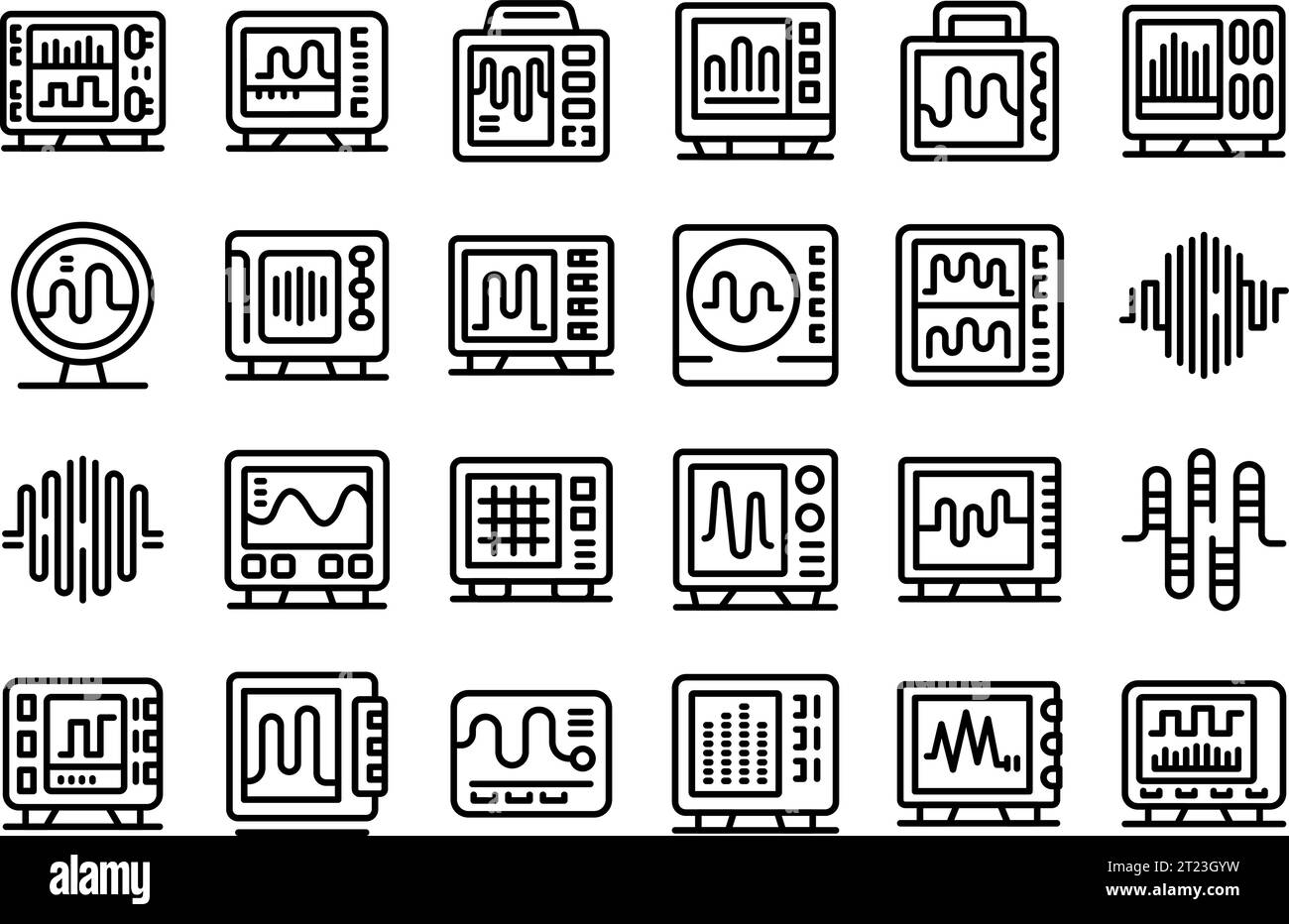 Les icônes de l'oscillographe définissent le vecteur de contour. Circuit spectral. Onde numérique d'ordinateur Illustration de Vecteur