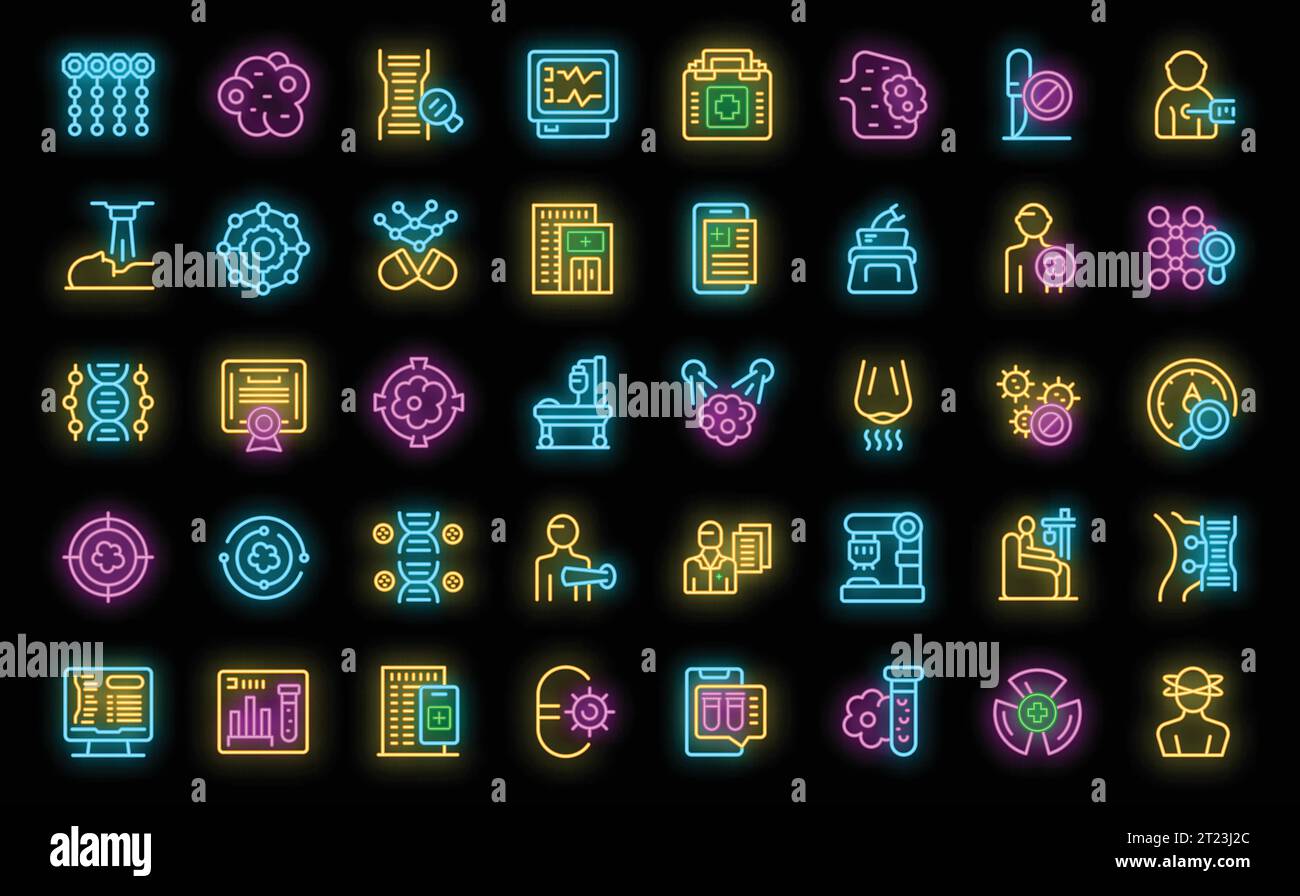 Les icônes de médecine de précision définissent le vecteur de contour. Médecine. Molécule d'ADN couleur néon sur noir Illustration de Vecteur