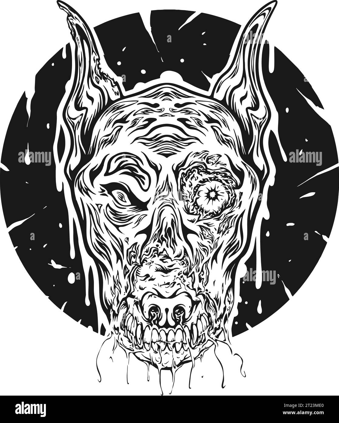 Spooky zombie canin tête abstraite illustrations vectorielles monochromes pour votre logo de travail, t-shirt de marchandises, autocollants et dessins d'étiquettes, affiche, greeti Illustration de Vecteur