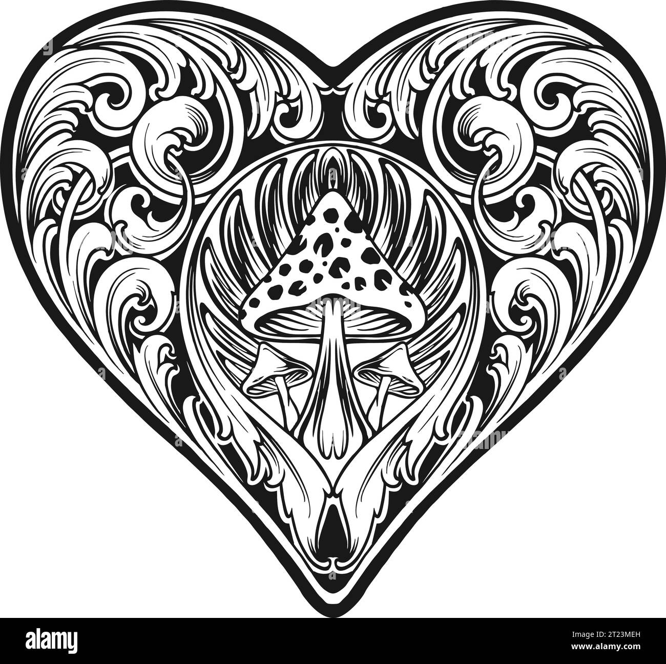 Forme de coeur ornée avec des illustrations vectorielles de contour de champignons enchantés pour votre logo de travail, t-shirt de marchandise, autocollants et dessins d'étiquettes, affiche, gree Illustration de Vecteur