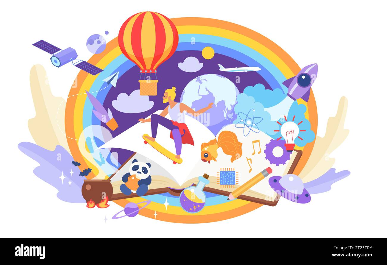 Monde magique de livre, fantaisie et inspiration de la lecture de l'illustration vectorielle. Livre d'histoire ouvert de dessin animé avec des personnages de conte de fées, des fusées et un ballon sur des pages de papier, aventure de fée dans l'imagination Illustration de Vecteur