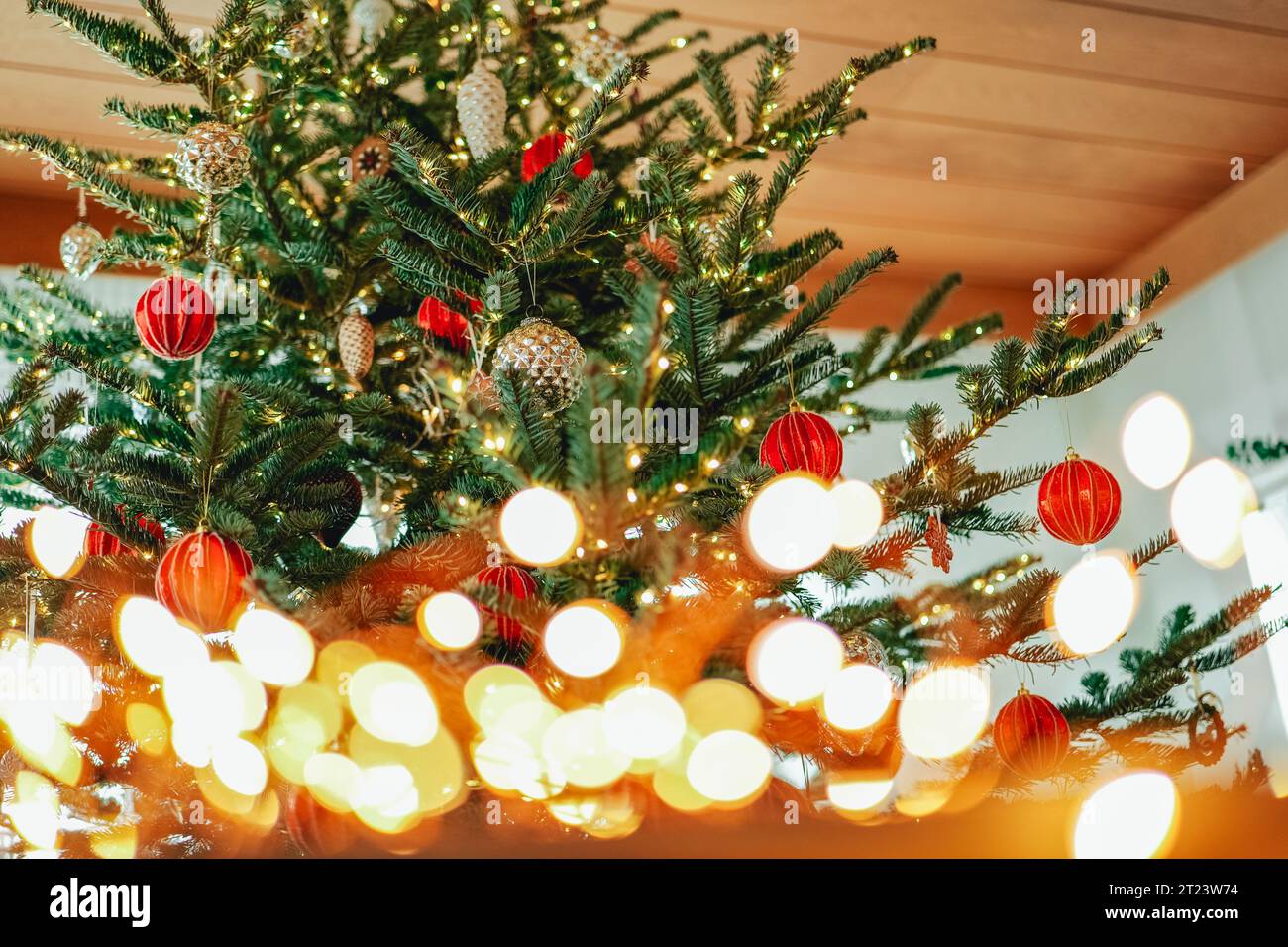 Fond de Noël avec sapin, boules rouges et guirlande brillante.fond d'écran de Noël.beau fond traditionnel festif. Guirlandes de vacances Banque D'Images