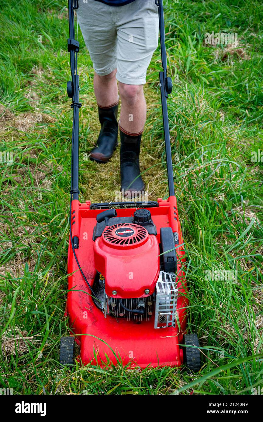 Homme tondant de l'herbe longue sur un sol accidenté avec une tondeuse à essence Banque D'Images