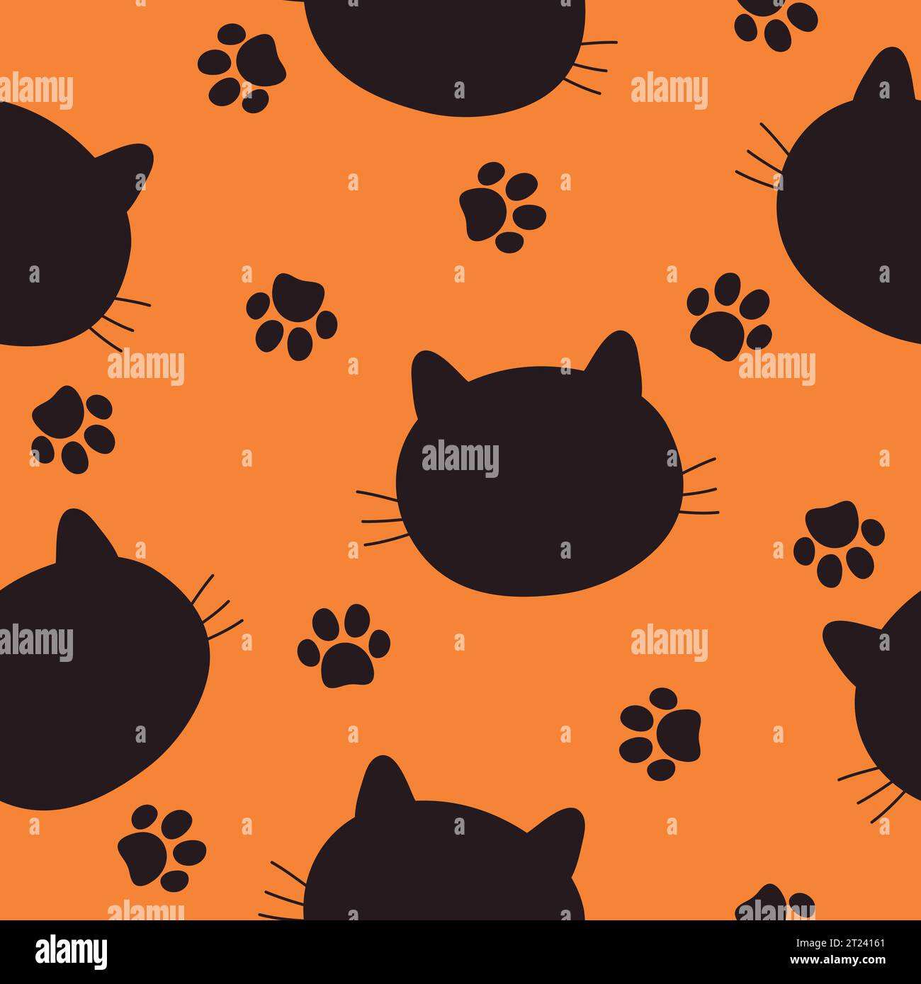 Modèle sans couture avec des chats noirs. Illustration vectorielle avec des chats et une patte imprimée sur fond orange. Illustration de Vecteur