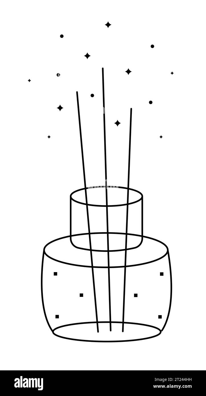Bâtons d'encens ligne noire, pictogramme d'un pot de parfum en verre, parfum magique, vecteur doodle d'arôme pour un salon de spa, illustration dans un style minimal Illustration de Vecteur