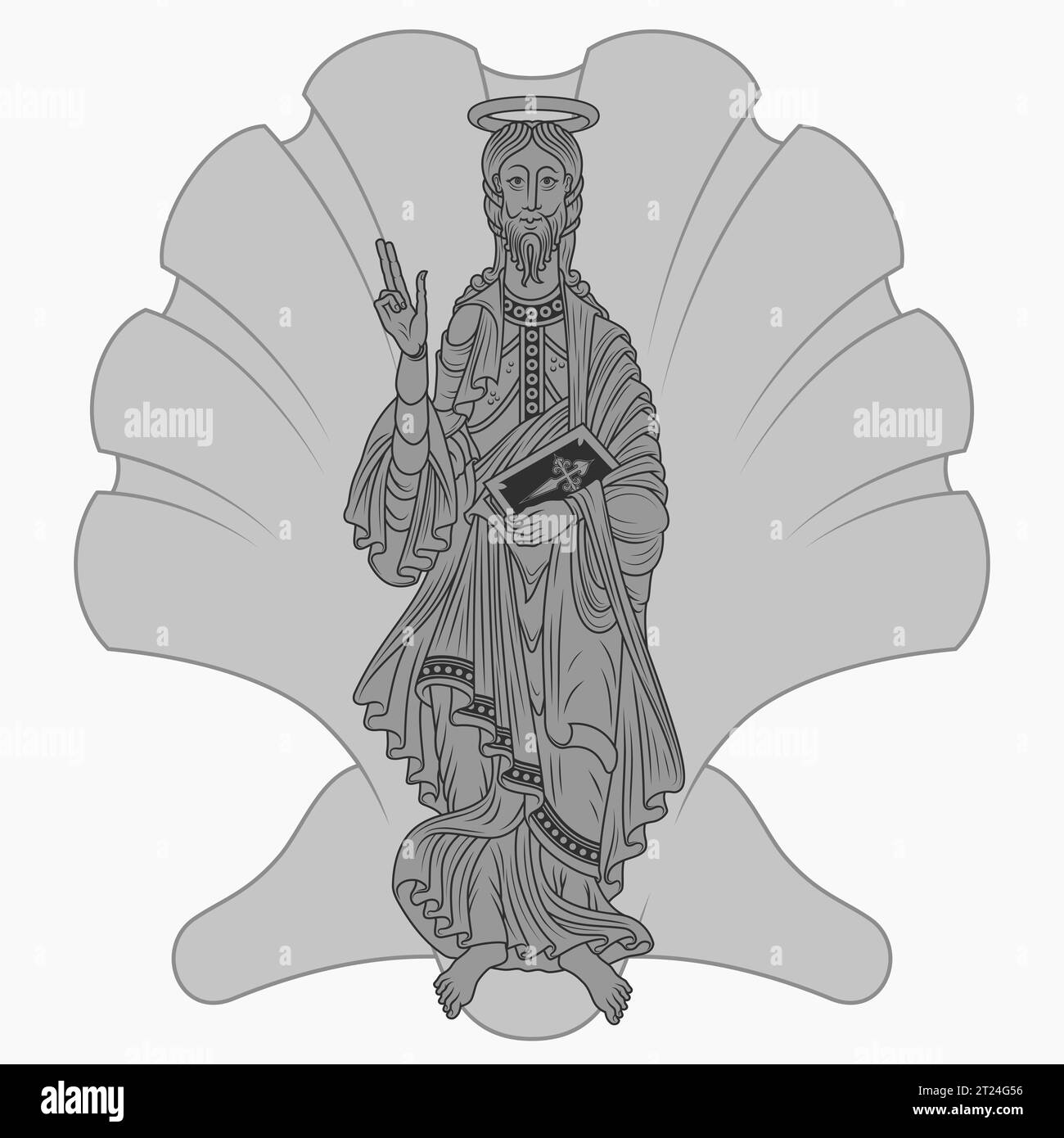 Vector design Saint Jacques l'Apôtre tenant une bible, avec le symbole d'une coquille de mer, art chrétien du Moyen âge Illustration de Vecteur