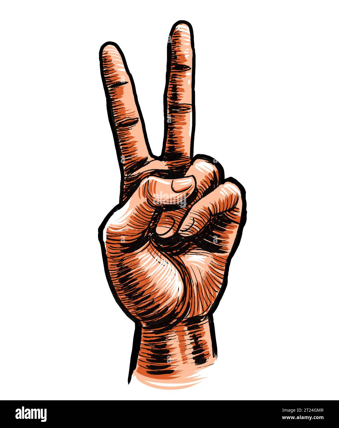 Main montrant le signe de victoire. Encre dessinée à la main sur papier et colorée à la main sur tablette Banque D'Images