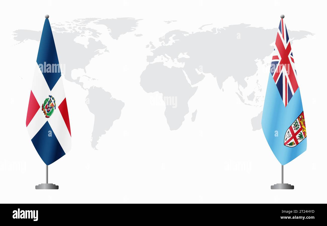 Drapeaux de la République dominicaine et des Fidji pour la réunion officielle sur fond de carte du monde. Illustration de Vecteur