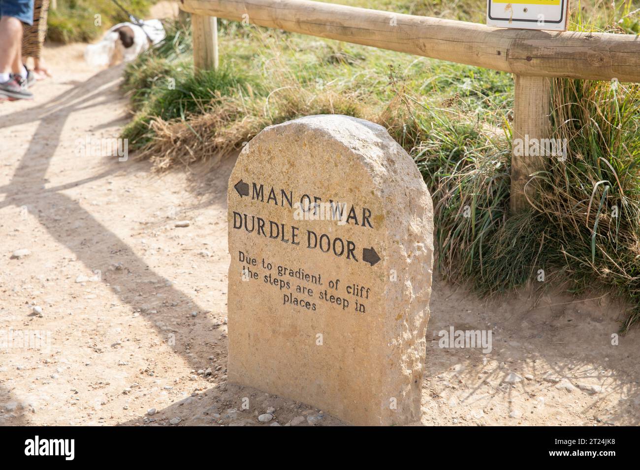 Jurassic Coastal Walk Dorset, signalisation en pierre à Durdle Door et Man of War Bay, Angleterre, Royaume-Uni, septembre 2023 Banque D'Images