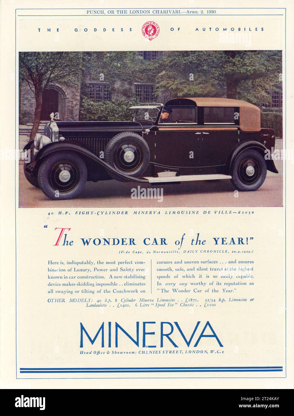 40 H.P. HUIT - CYLINDRE MINERVA LIMOUSINE DE VILLE Motor car 1930 British Magazine Advertisement Banque D'Images