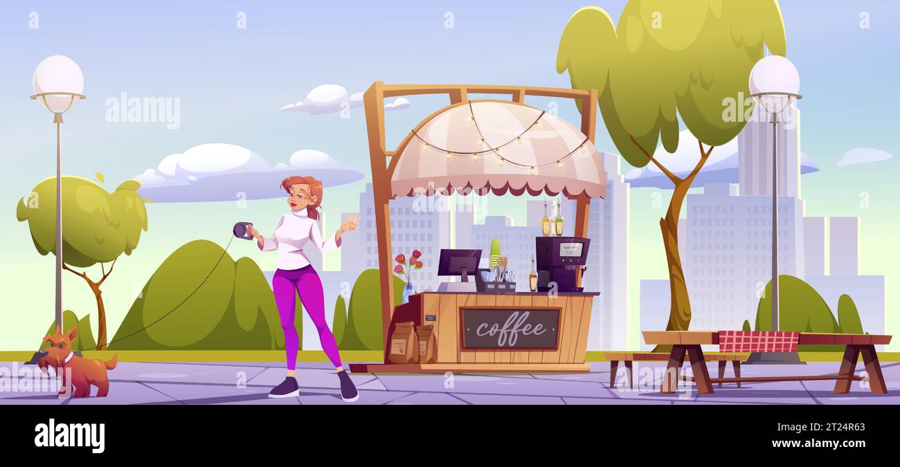 Femme marchant chien en laisse près du café dans le parc de la ville d'été. Illustration de dessin animé vectoriel de personnage féminin avec animal de compagnie dans le jardin public, petit café en plein air, lanternes de rue, fond de paysage urbain Illustration de Vecteur