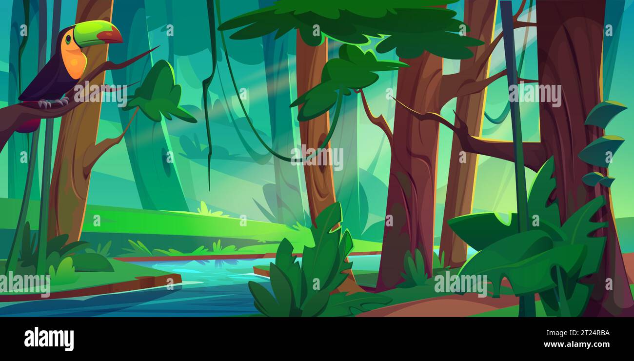Forêt de jungle avec rivière sinueuse et toucan sur branche de bois. Vecteur de dessin animé de paysage de forêt tropicale avec des arbres verts et des vignes suspendues, des buissons et de l'herbe sur les bords des rivières. Paysage tropical d'été. Illustration de Vecteur