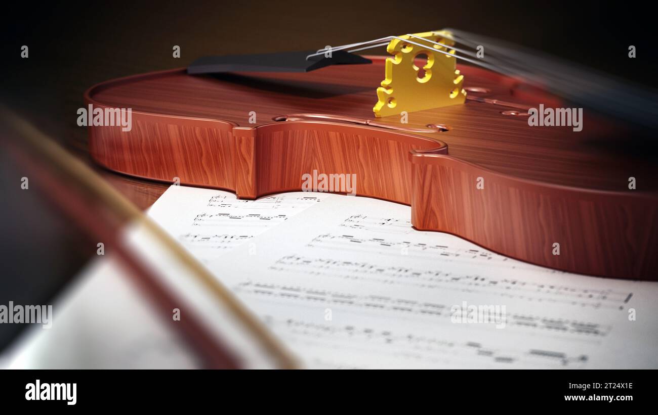 Close up of violin debout sur feuille de musique. 3D illustration. Banque D'Images