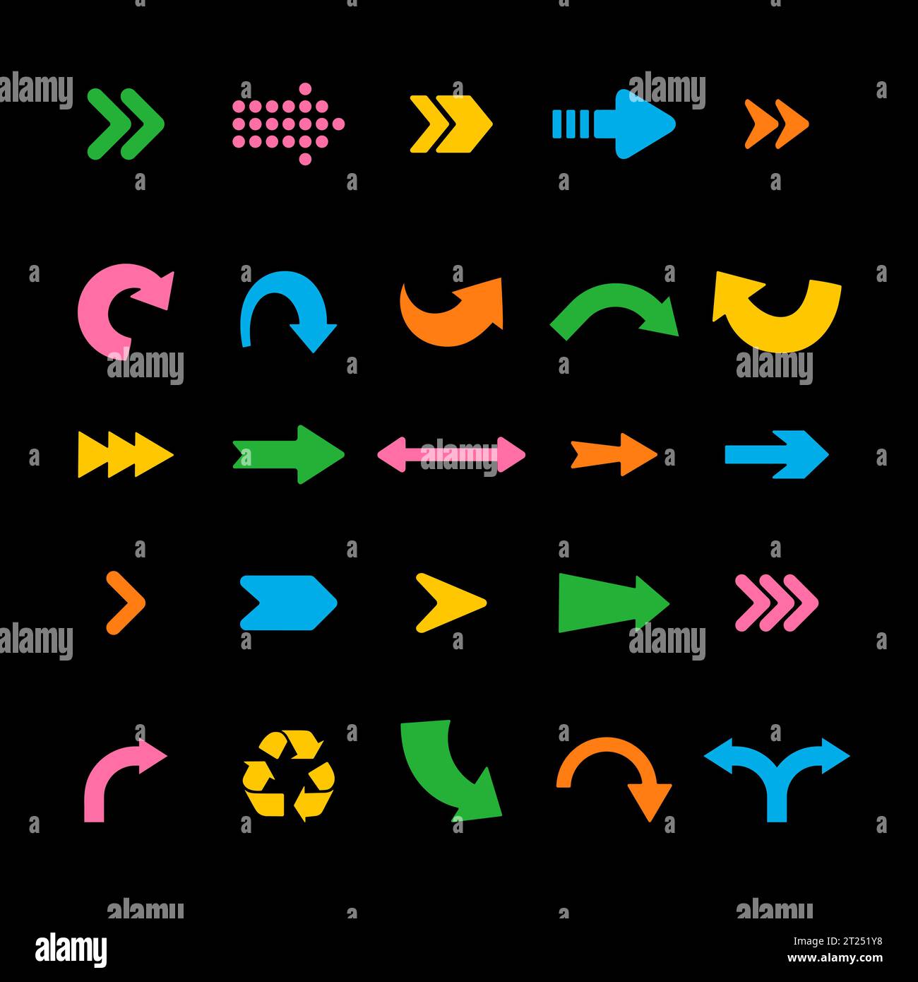 Flèches colorées définies sur fond sombre. Icônes abstraites dans le style d'esquisse moderne. Pointeurs rétro tendance Y2K. Illustration vectorielle de dessin animé Illustration de Vecteur