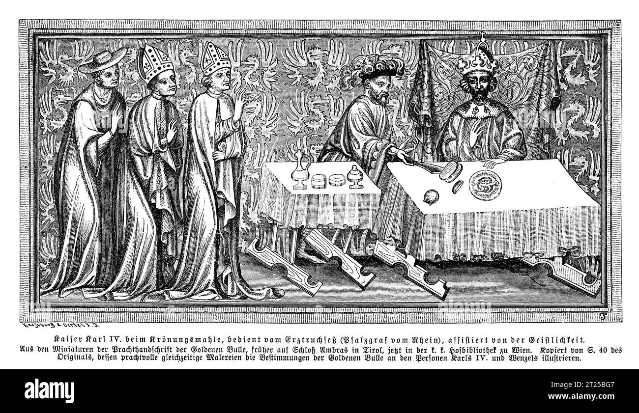 Miniature de la bulle d'or de 1356, le roi Charles IV au dîner du couronnement servi par le magistrat impérial du Saint Empire romain germanique le comte palatin du Rhin assisté par le clergé Banque D'Images