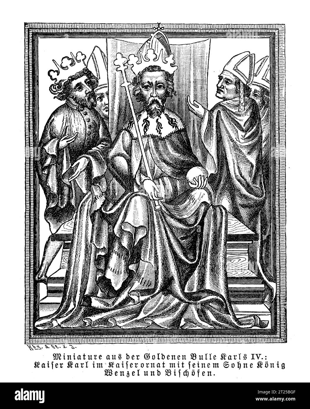 Miniature de la bulle d'or de 1356 émise par Charles IV empereur romain germanique, l'empereur sur le trône avec le fils Venceslas, roi de Bohême et d'Allemagne et des évêques Banque D'Images