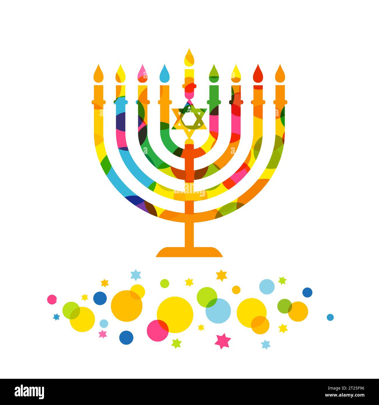 Menorah hanukkah colorée avec des confettis colorés et des étoiles. Fête juive des lumières, icône de bougie de menora. Illustration vectorielle Illustration de Vecteur
