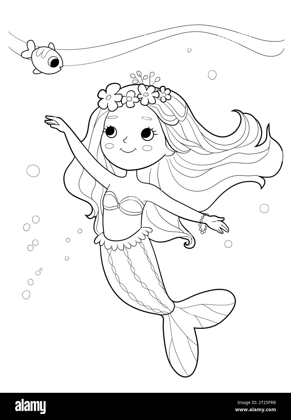 Jolie sirène fille et illustration de contour de poisson pour le livre de coloriage. Contour vectoriel Illustration de Vecteur