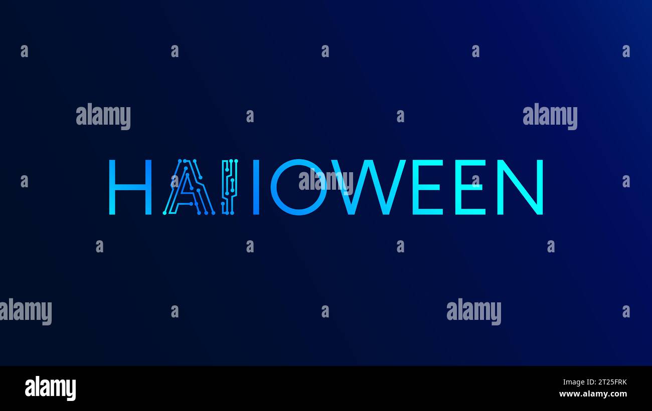 Logo Halloween dans le style de technologie électronique. Bannière de fête d'Halloween sur le thème intelligence artificielle ou IA. Logo ai se compose de PCB ou electroni Illustration de Vecteur
