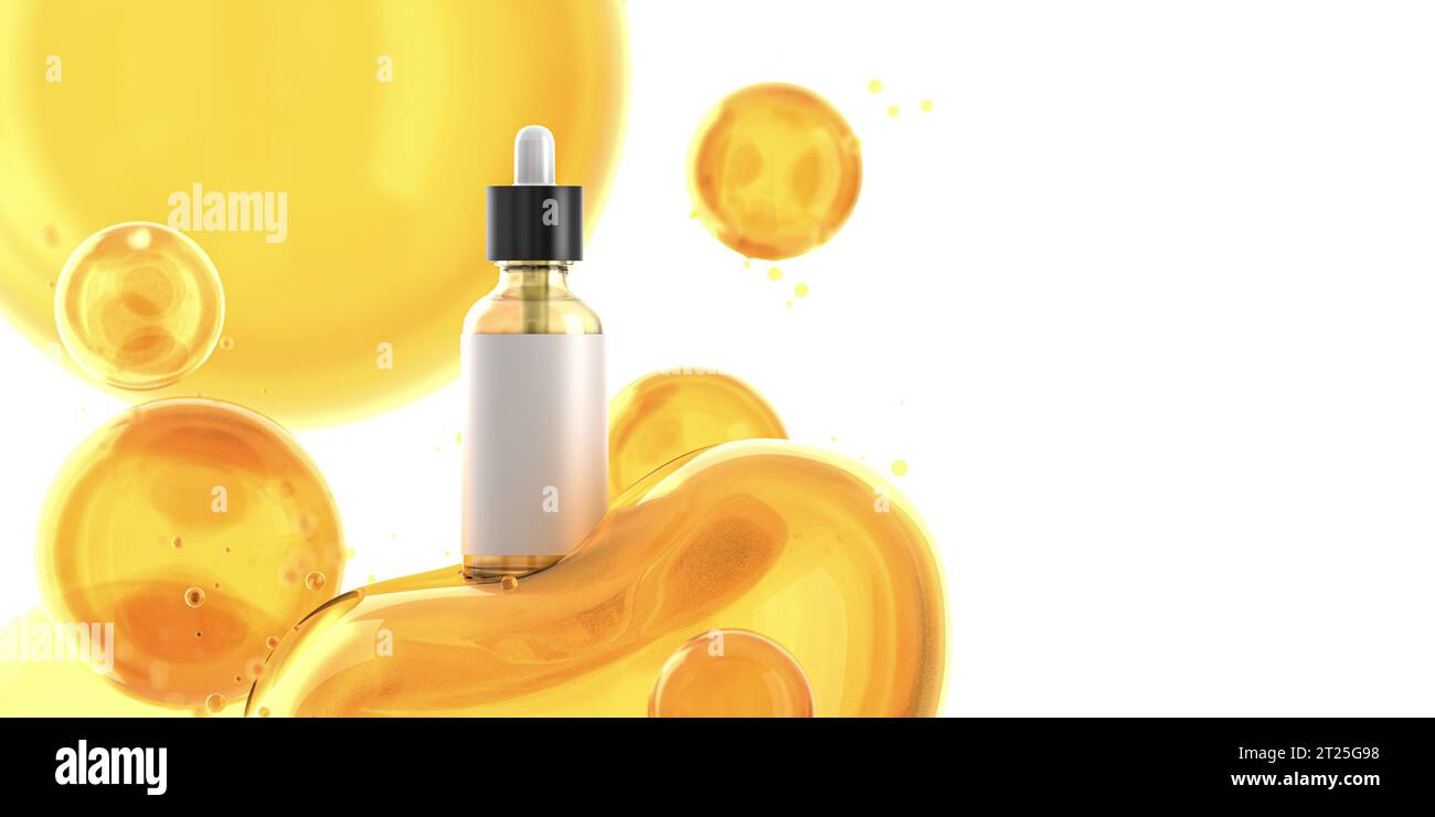 Maquette huile bouteille en verre de sérum. Huile à bulles jaune or ou sérum isolé sur fond jaune. concept solution cosmétique de soin de la peau. Produit cosmétique Banque D'Images