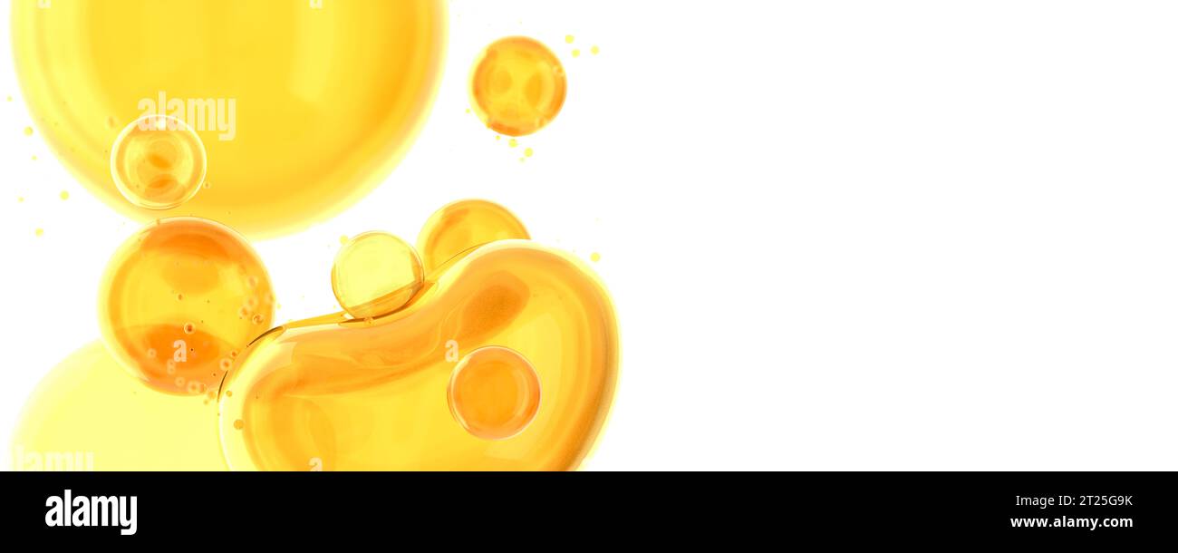Huile à bulles jaune or ou sérum isolé sur fond jaune. concept solution cosmétique de soin de la peau. Produits cosmétiques pour le maquillage et les soins de la peau. 3d Banque D'Images