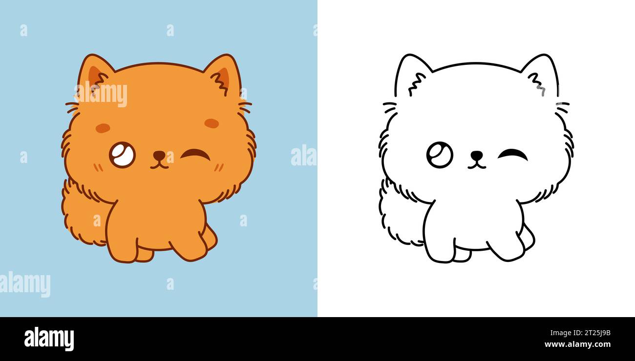 Définir Clipart Pomeranian Puppy Coloriage page et Illustration colorée. Chien isolé Kawaii. Illustration de Vecteur
