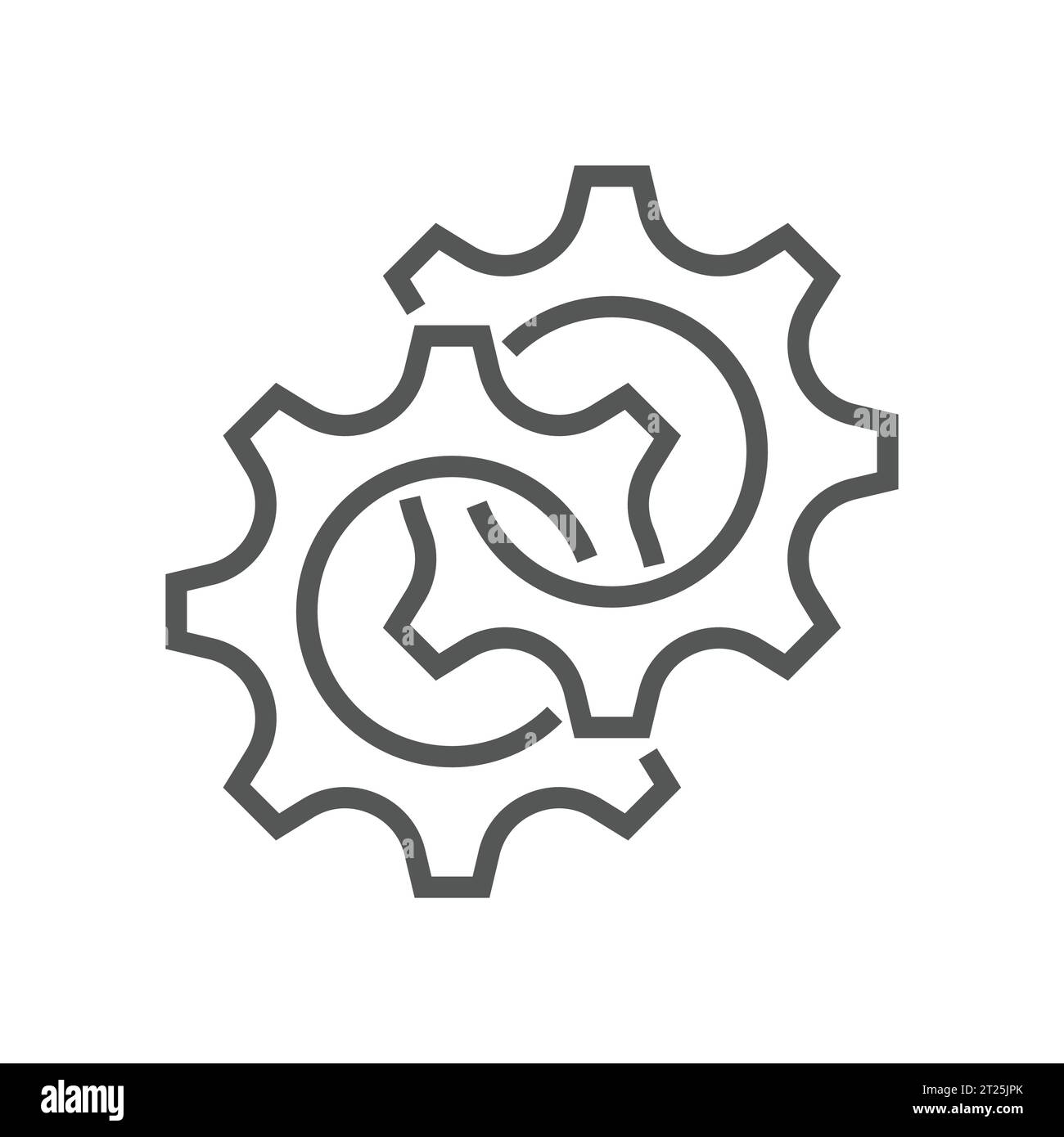 Icône noire isolée de contour de deux roues dentées sur fond blanc. Icône en forme de ligne de la roue dentée. Contour modifiable. SPE 10 Illustration de Vecteur