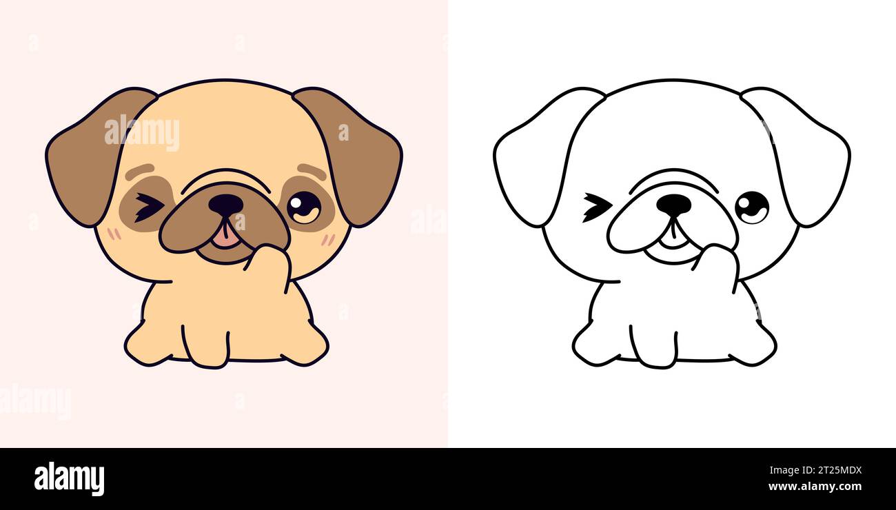 Définir Clipart Pug Dog Coloriage page et Illustration colorée. Kawaii Puppy isolé. Illustration de Vecteur