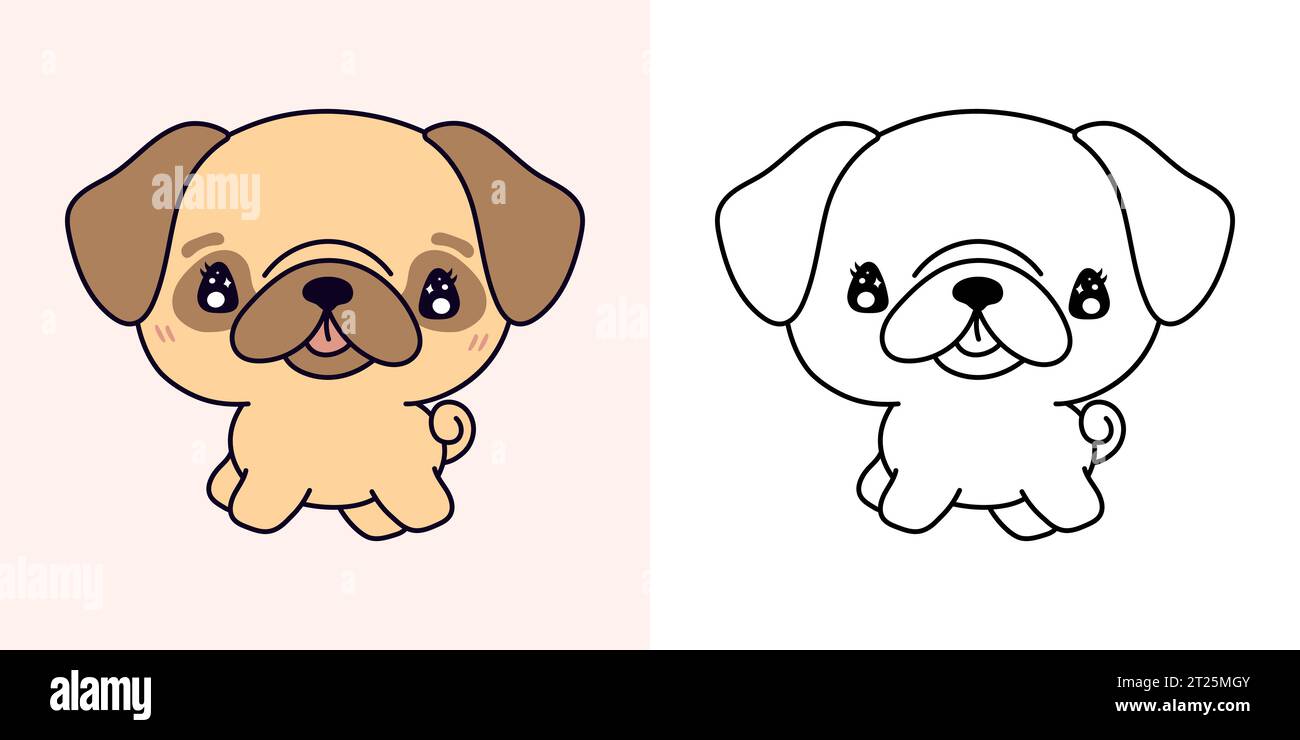 Kawaii Clipart Pug Puppy Illustration et pour Coloriage page. Chien Kawaii drôle. Illustration de Vecteur