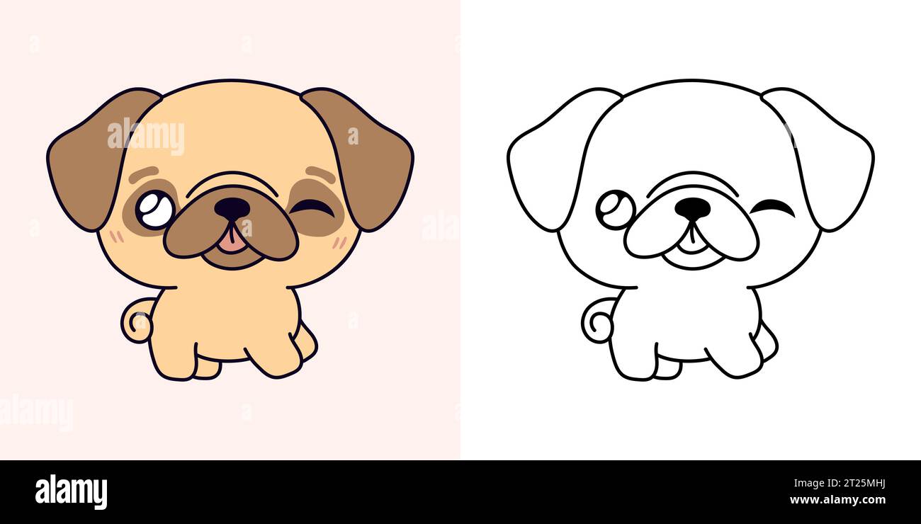 Cartoon Pug Puppy Clipart pour la page de coloriage et l'illustration. Clip Art chien isolé Illustration de Vecteur