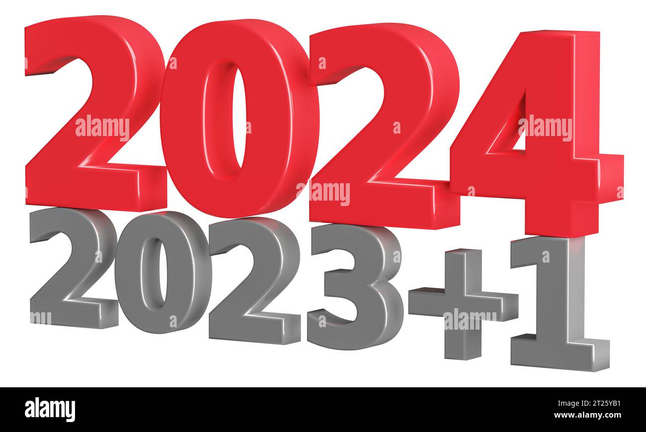 Concept du nouvel an. Numéros 2023 plus 1 et 2024 isolés sur fond blanc