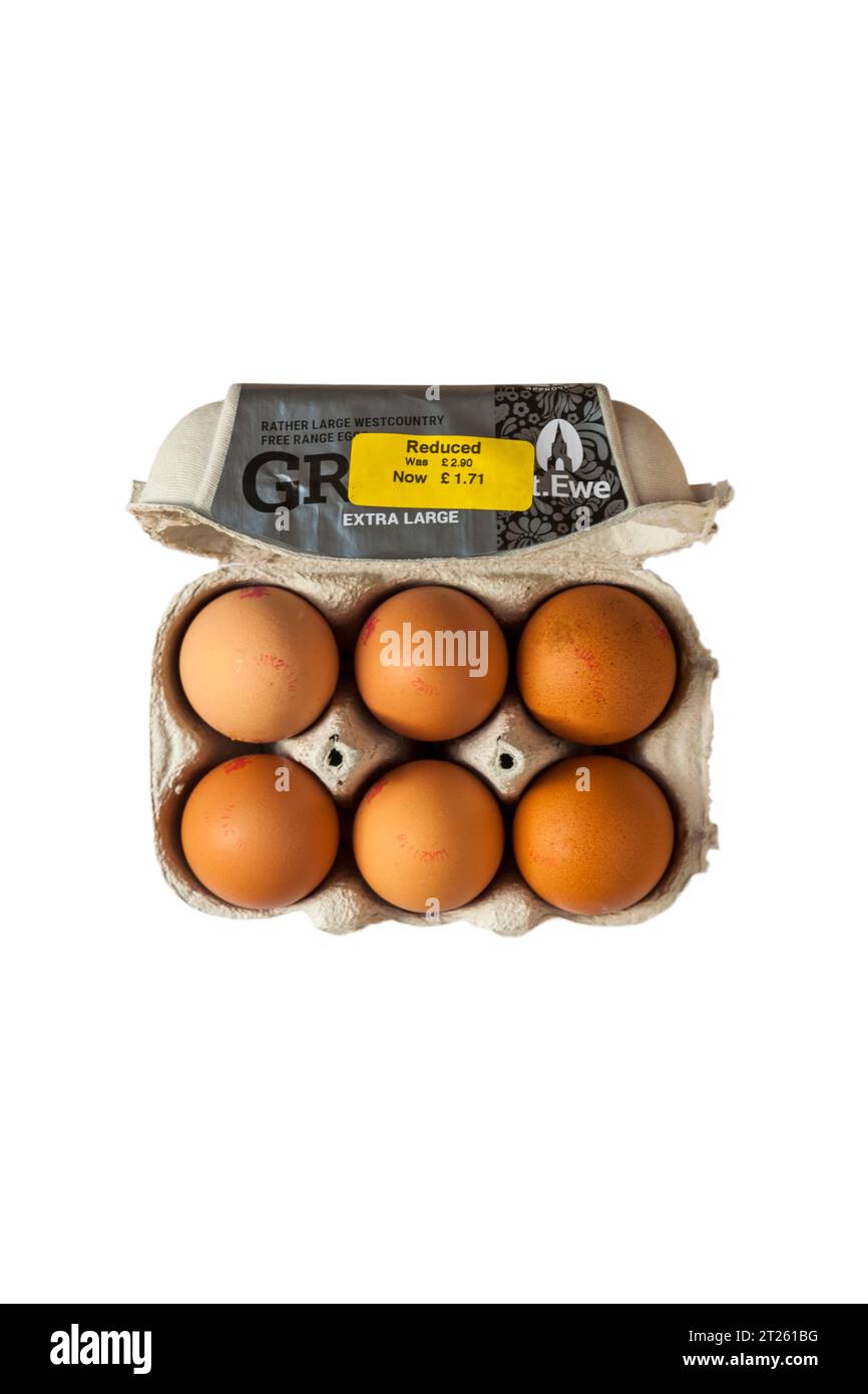 St Ewe oeufs en libre élevage Grand plutôt grand oeufs en libre élevage Westcountry 6 oeufs extra gros isolés sur fond blanc - couvercle de la boîte à oeufs ouverte Banque D'Images