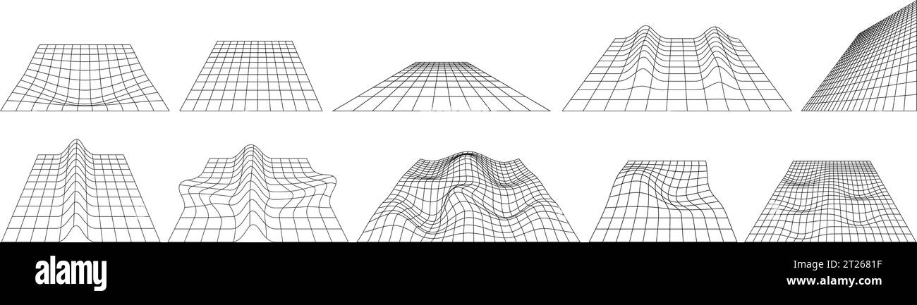 Grilles de perspective filaires. Ensemble vectoriel de plans déformés de plan géométrique rétro futuriste Illustration de Vecteur
