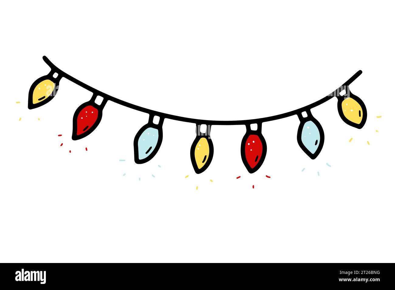 Doodle Christmas Garland. Feston dessiné à la main isolé sur fond blanc. Décoration festive colorée avec ampoules bougies. Illustration vectorielle pour Illustration de Vecteur