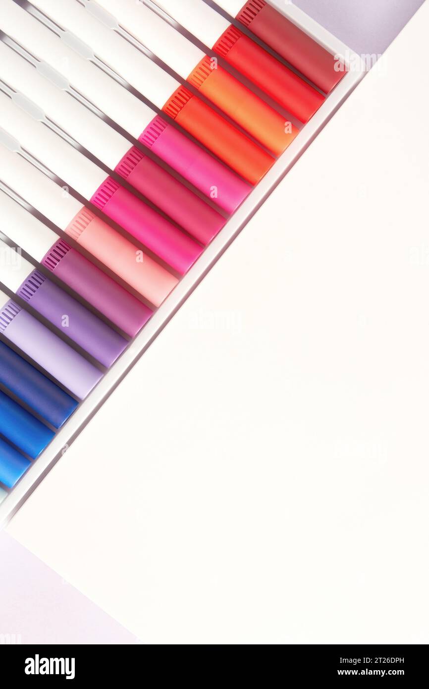 Papier blanc vierge et collection de marqueurs feutres colorés, vue de dessus. Spectre rose et bleu. Peinture, arts, modèle de passe-temps. Espace de copie Banque D'Images