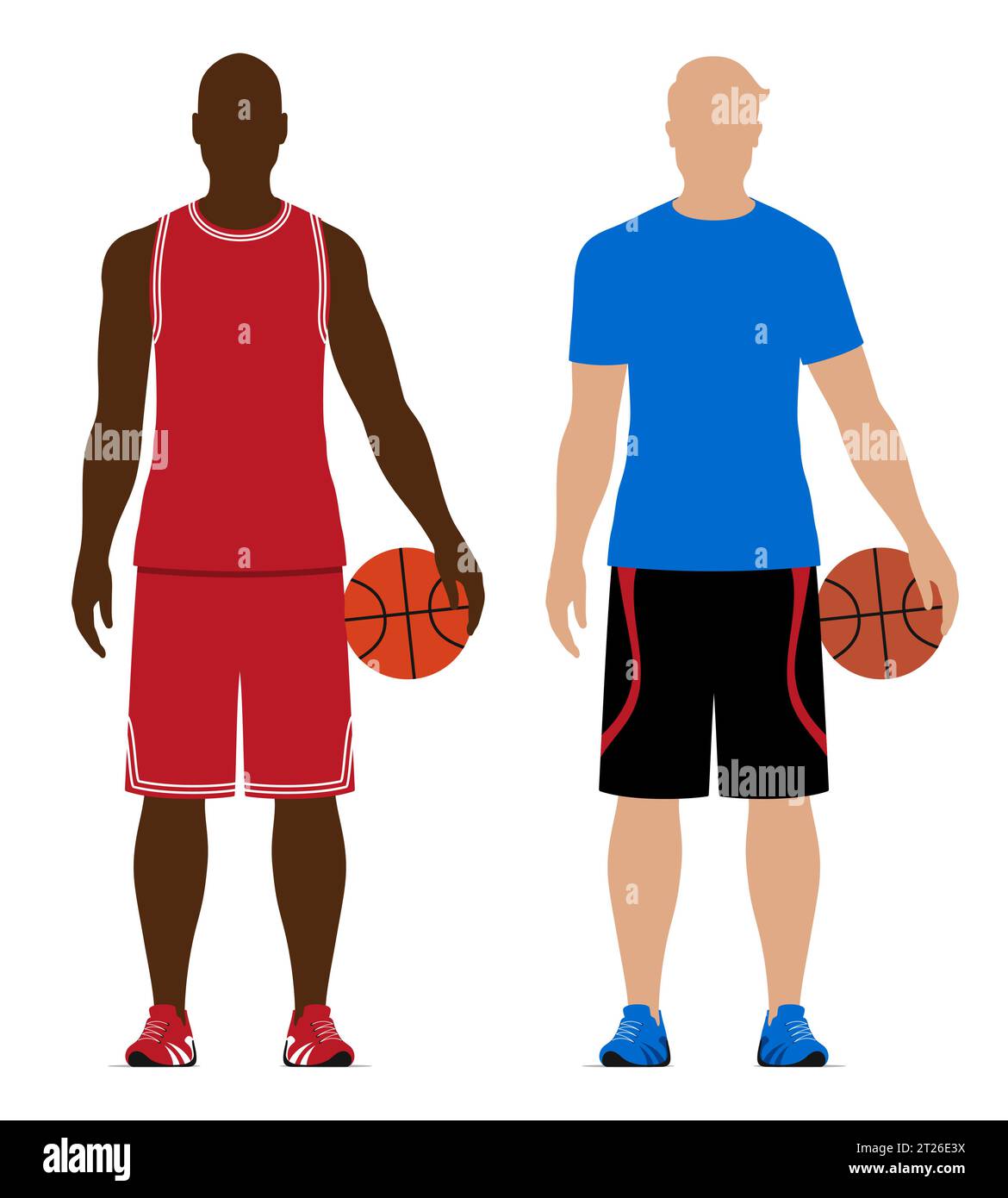 Joueurs de basket-ball noir et blanc tenant des balles, portant des vêtements de sport de style professionnel et libre, illustration vectorielle isolée sur fond blanc. Illustration de Vecteur