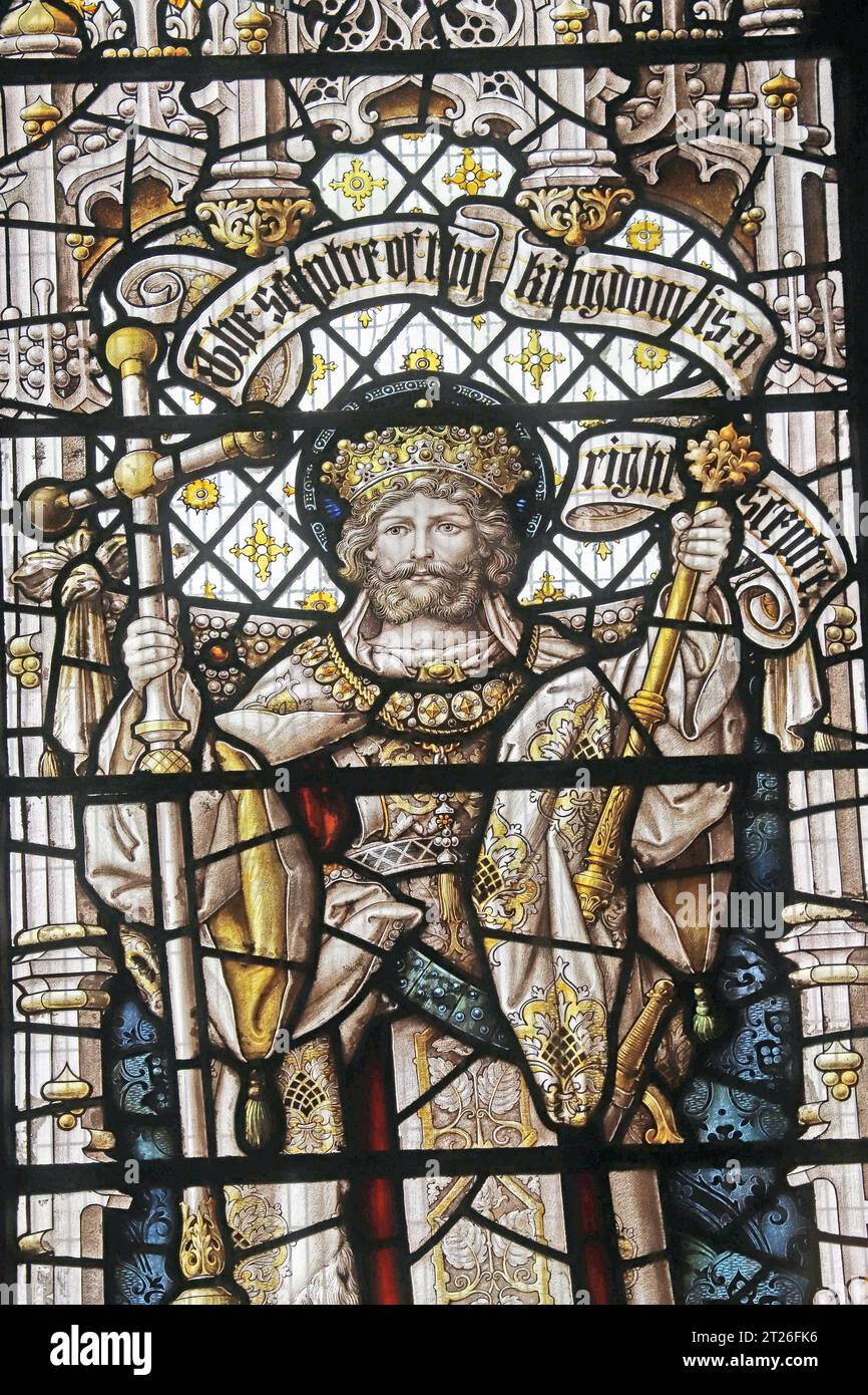 Vitrail de Percy Bacon représentant le roi Oswald de Northumbrie, église St Mary Magdalene, Newark, Nottinghamshire Banque D'Images