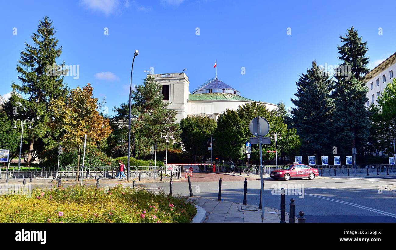 Varsovie, Pologne. 17 octobre 2023. Sejm cette chambre basse du Parlement polonais. Sejm législatif, lieu des réunions des députés polonais votant des lois. Banque D'Images